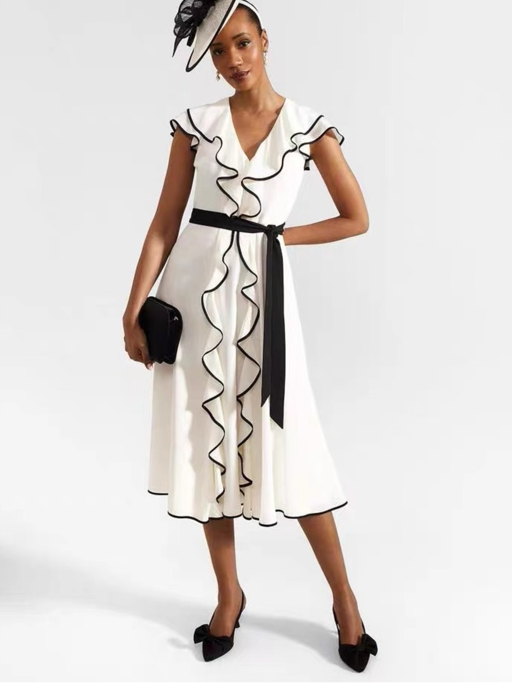 Hobbs London Arwen Silk Dress Elegant White Ruffle-Trim Midi Dress, US4